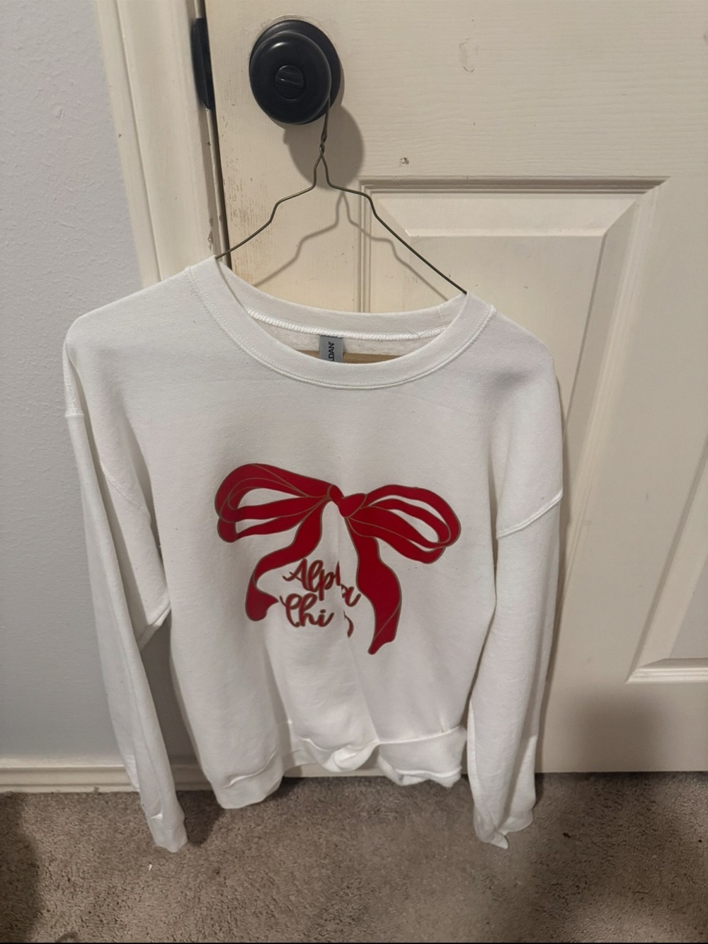 Alpha Chi Omega (AXO) Gildan White Crewneck Sweatshirt with Red Bow Graphic